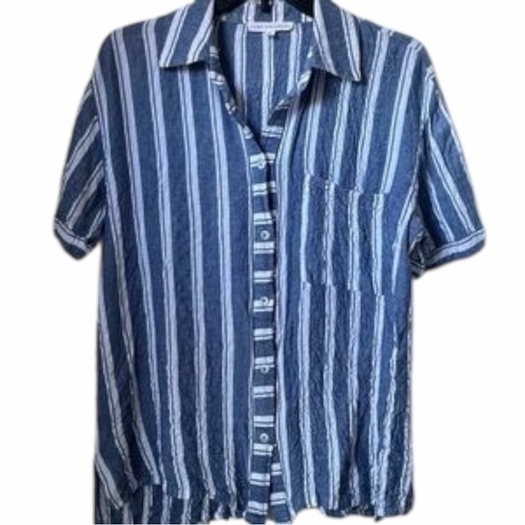 Jane + Delancey Blue Stripe Short Sleeve Button Down Shirt Coastal Gauze Top L - Picture 4 of 10